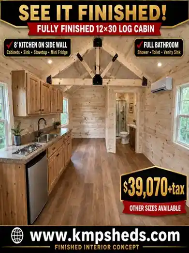 new 12x30 fully finished log cabin with kitchen, bathroom and bedroom
