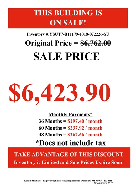 rent to own 10x18 utility with 7 foot walls in Maryland