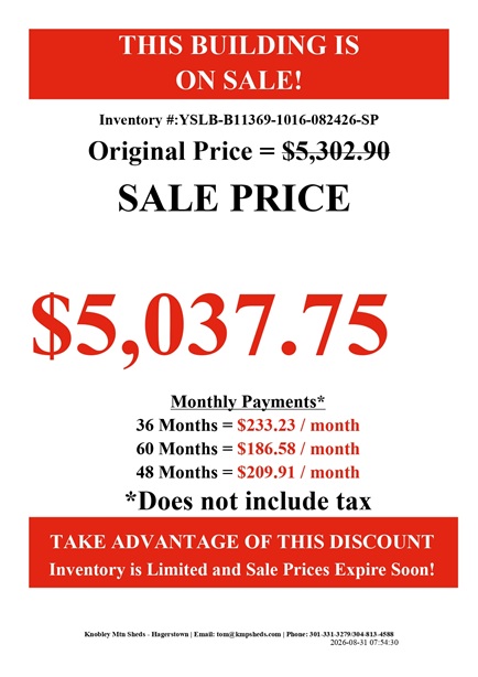 rent to own 10x16 side lofted barn with Tech Shield on roof
