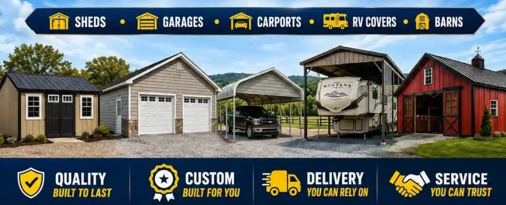 sheds, garages, carports, RV covers, barns and more at kmp sheds