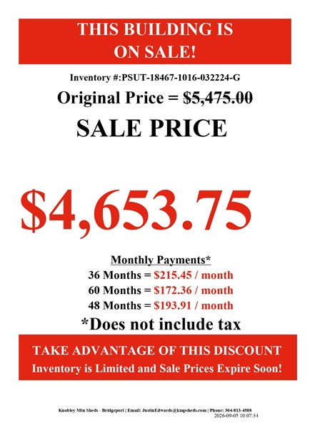 rent to own 10x16 utility with 7 foot walls in Bridgeport WV