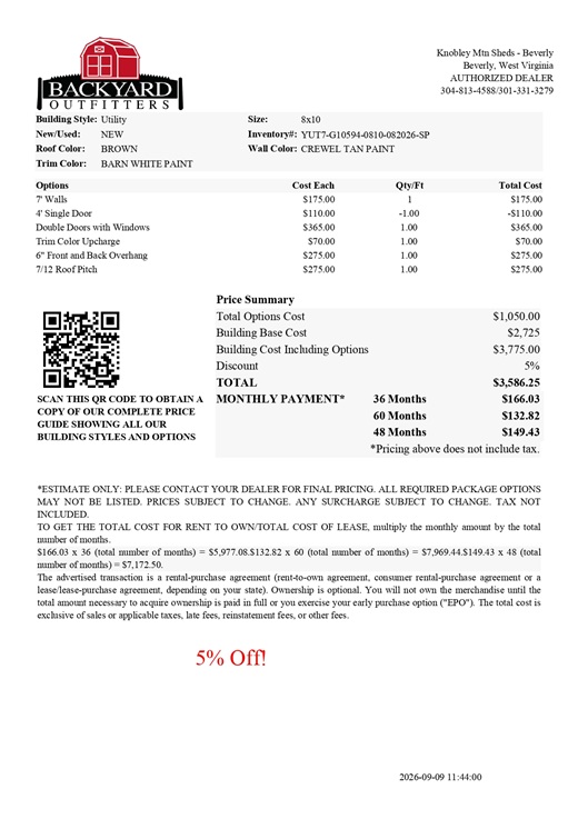 8x10 utility with 7 foot walls on sale price