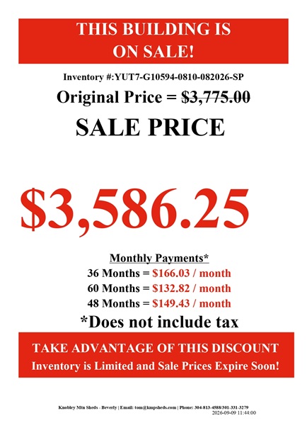 rent to own 8x10 utility with 7 foot walls in West Virginia