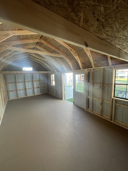 12x24 lofted barn with metal siding look inside