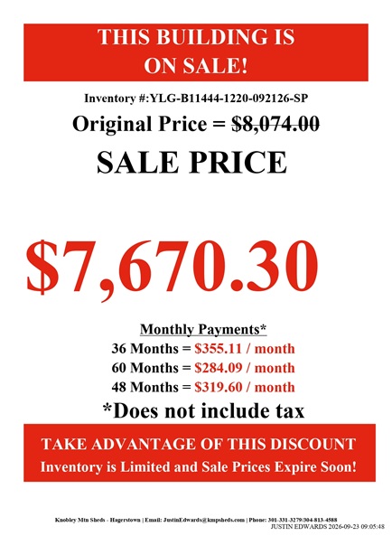 rent to own 12x20 lofted barn with 9 foot garage package in MD