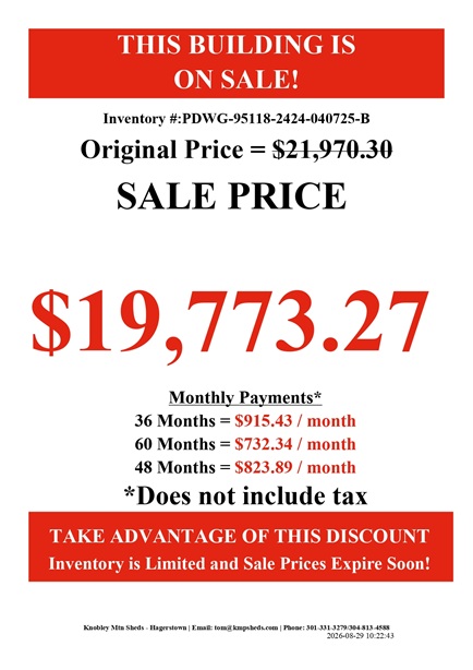 rent to own 24x24 double wide garage with 8 foot walls in MD