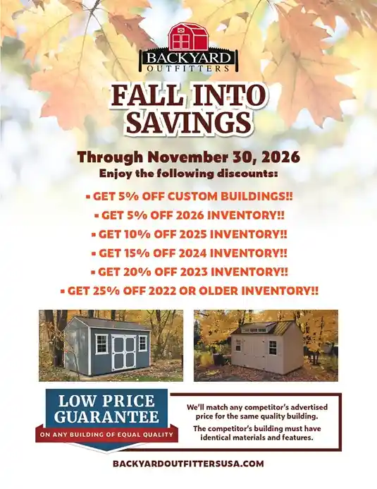 Fall sale on storage sheds, barns, cabins, carports, garages VA WV PA MD up to 25% OFF